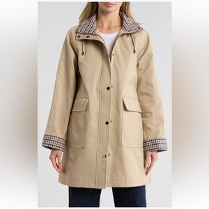 NWT Bernardo Hooded Trench Coat with Checkered Details